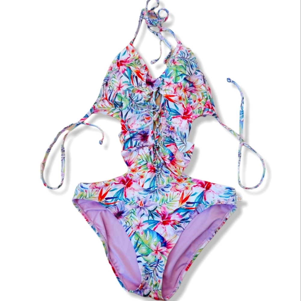 Floral Multicolor Halter-Monkini- One-Piece Swimsuit-Size M